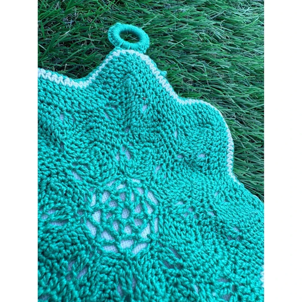 Vintage Style Crochet Potholders Set of 2 Green Pink 3D Floral Star Hot‎ Pads